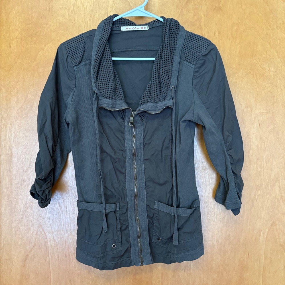 Wearables Zip Up Jacket Womens XS Gray Mixed Media Mesh Ruched 3/4 Sleeve 13967W